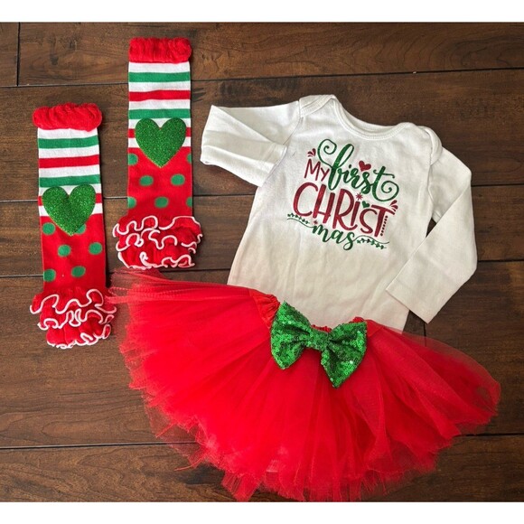 3pcs Newborn Baby Infant Girls 1st Christmas Leggings Tutu Dress Costume Outfits - Picture 1 of 7
